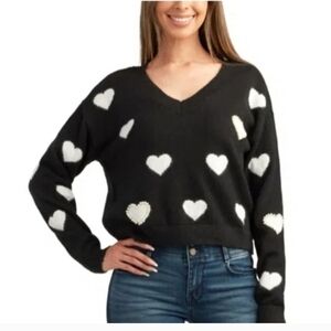 BCX Black Sweater with White Heart And Pearl Accents V Neck- Size Large